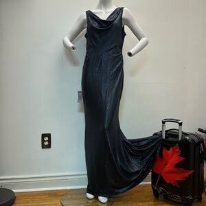 NEW Canada made Le Chateau gown dress maxi metallic navy blue sparkly shiny